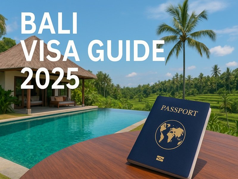 Visa and passport with Bali villa in background